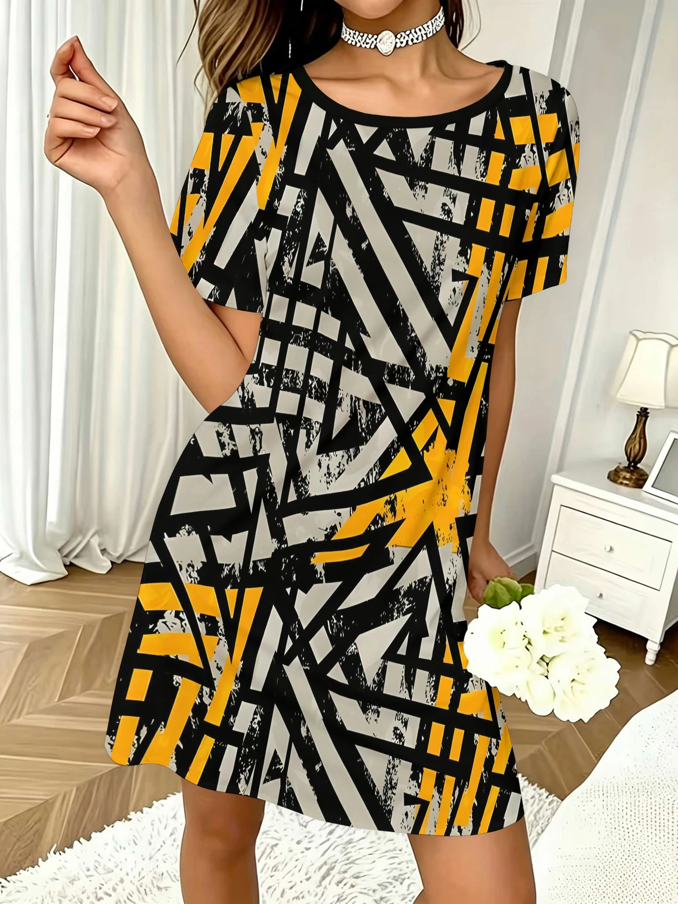 Women's Round Neck Short-Sleeved Dress, Black and Gray Base with Yellow Contrasting Color, Distressed Geometric Lines, Graffiti All-Over Print Casual Dress