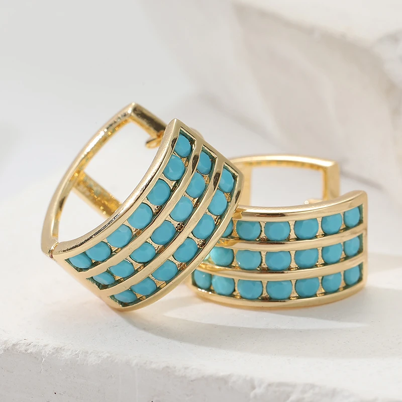 Inlay Square Imitation Blue Turquoise Hoop Earrings For Women Classic Gold Plated Small Ear Buckle Wedding Jewelry
