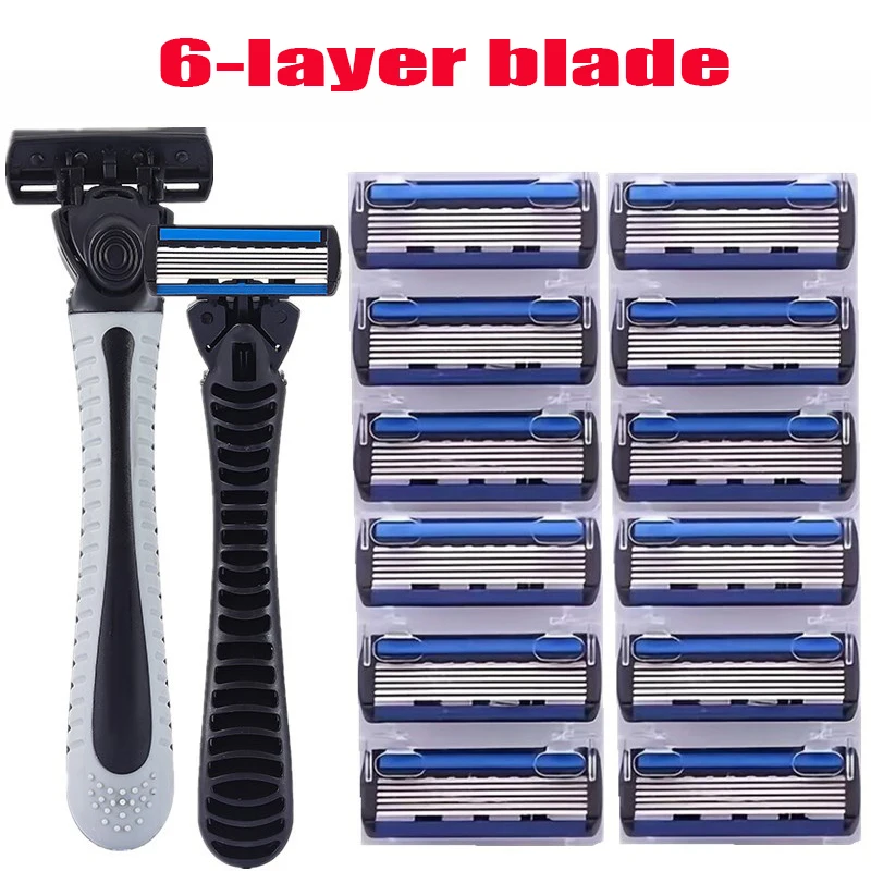 6 Layers Razor, Manual Safety Razor Men's Classic Hair Removal Shaver Replacement Head, Detachable Washable Reusable Razor