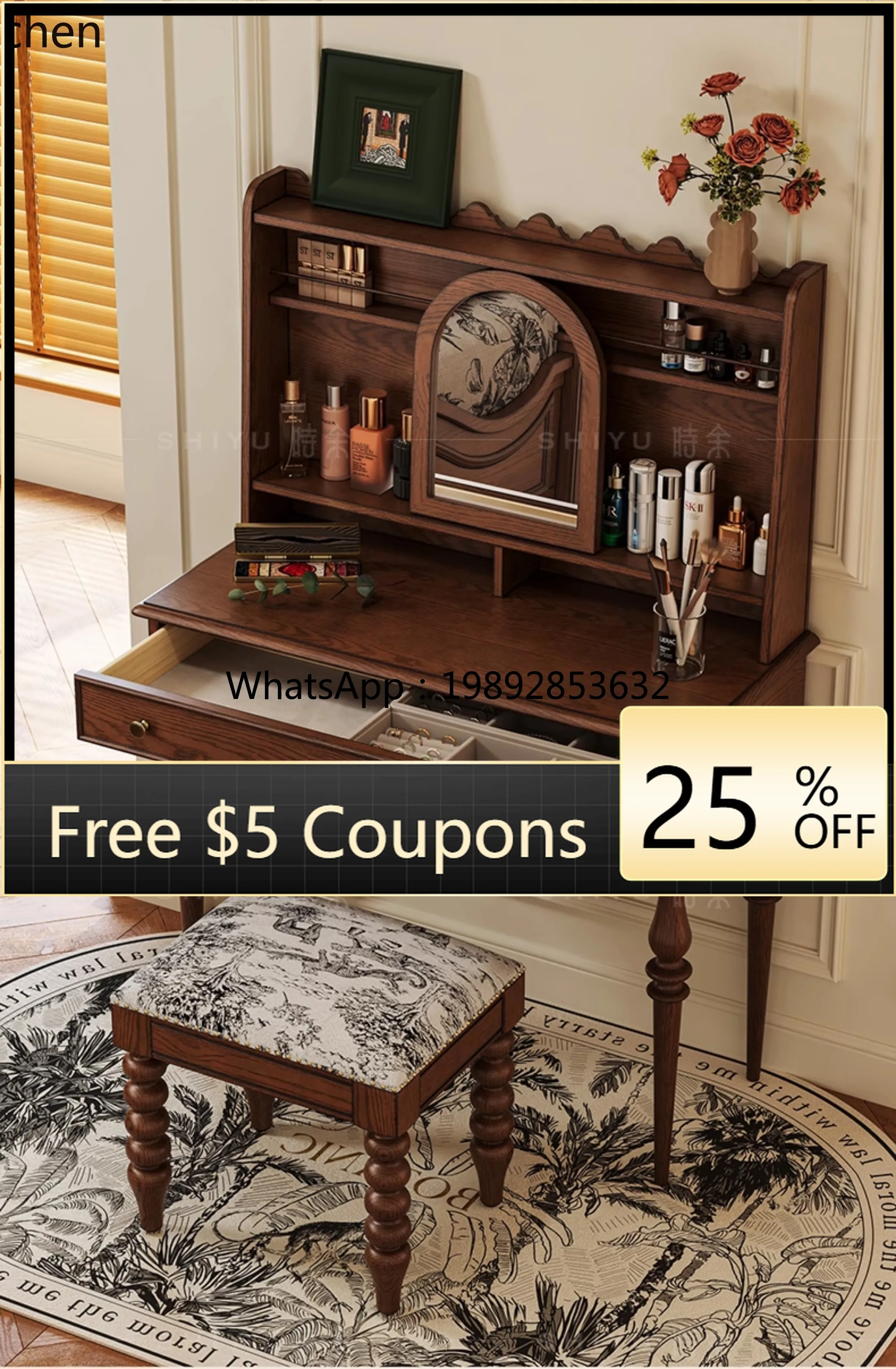 

BB Vintage Solid Wood Bedside Dressing Table Retro Style