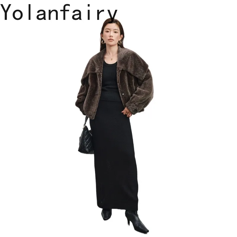 YOLANFAIRY Fashion 100% Real Fur Coats Woman Winter Top Quality Genuine Merino Sheepskin Shearling Fur Turn-down Collar Jacket