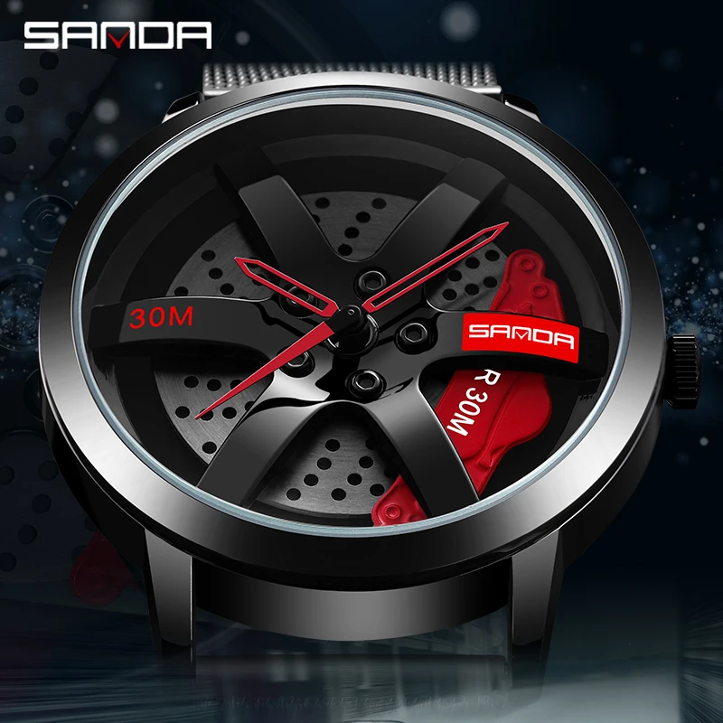 

SANDA P1061 Quartz Watch For Waterproof Vacuum Plating Strap With Car Wheel Rim Hub Design Sport Wristwatches Relogio Masculino