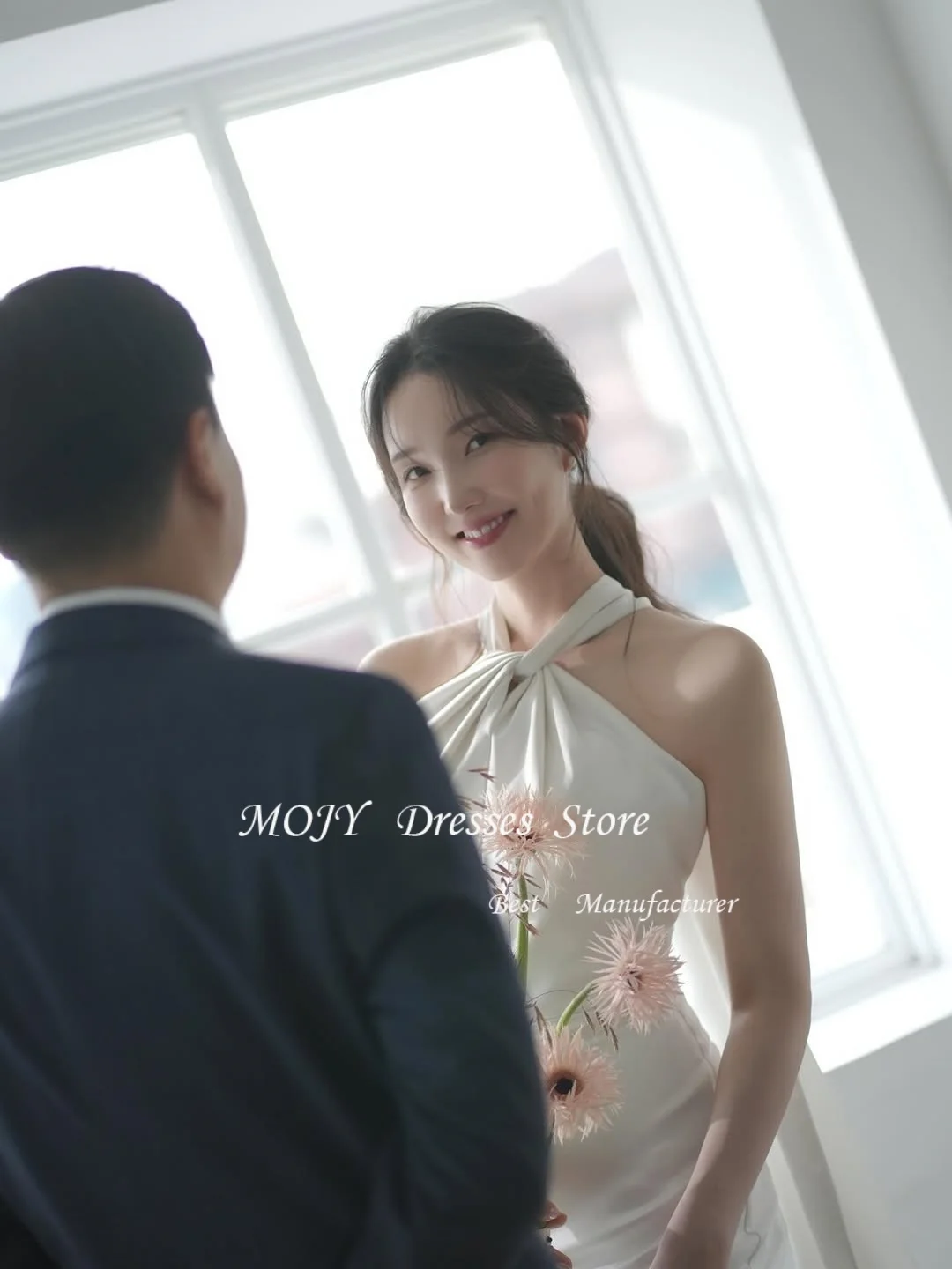 Mojy Fairy Tüll Brautkleider Fotoshooting Korea Blumen Neckholder Zug Garten Brautkleider Korsett Maßgeschneidert