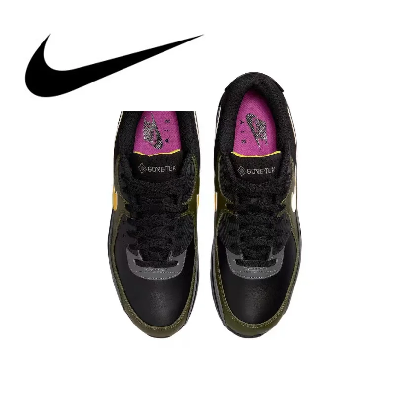 Original Nike Air Max 90 Vintage Men\'s Running Shoes Wear Resistant Shock Absorption Breathable Black Yellow Sneakers DJ9779-001