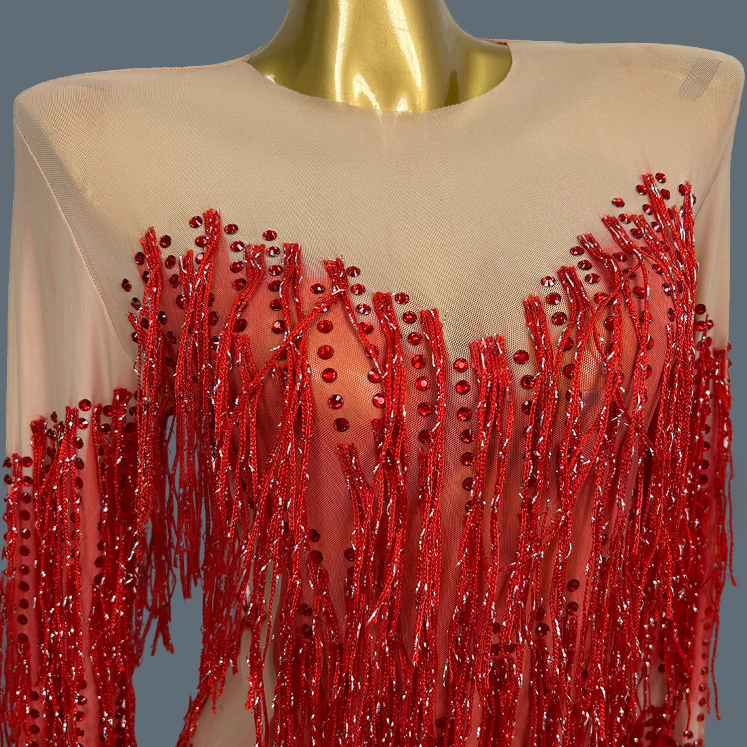 Women Sexy Tassel Long Sleeved Dress Celebrate Festival Evening Prom Elastic Ultra Short Dress Latin Dance Stage Show Costume