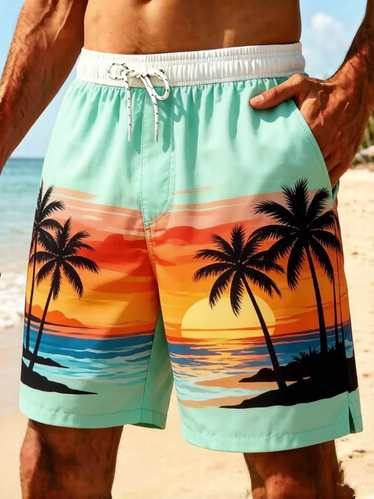 

Plus Size Mens Sunset Palm Tree Beach Scene Print Drawstring Swim Shorts Elastic Waist Pockets Casual Board Shorts