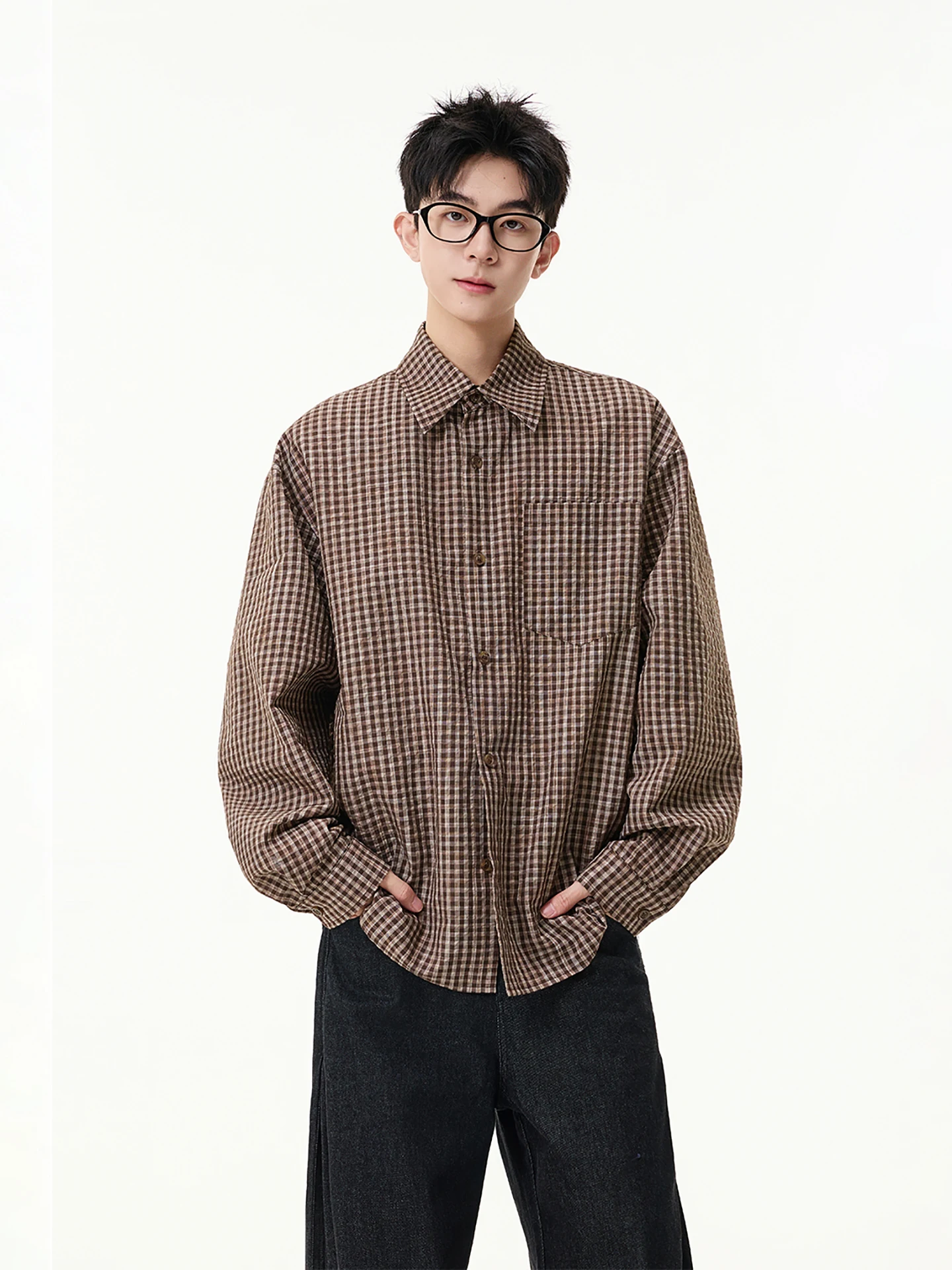 

Boyue Plaid Long Sve Bubble Texture irt Vintage Simple Commute Versatile Men's irt Youthful Polyester Blend Spring Autumn