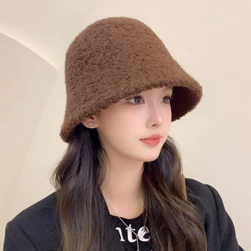 Autumn Winter Women Bucket Hat Teddy Fleece Fisherman Cap Warm Sherpa Plush Texture Soft Cute Casual Bucket Hat
