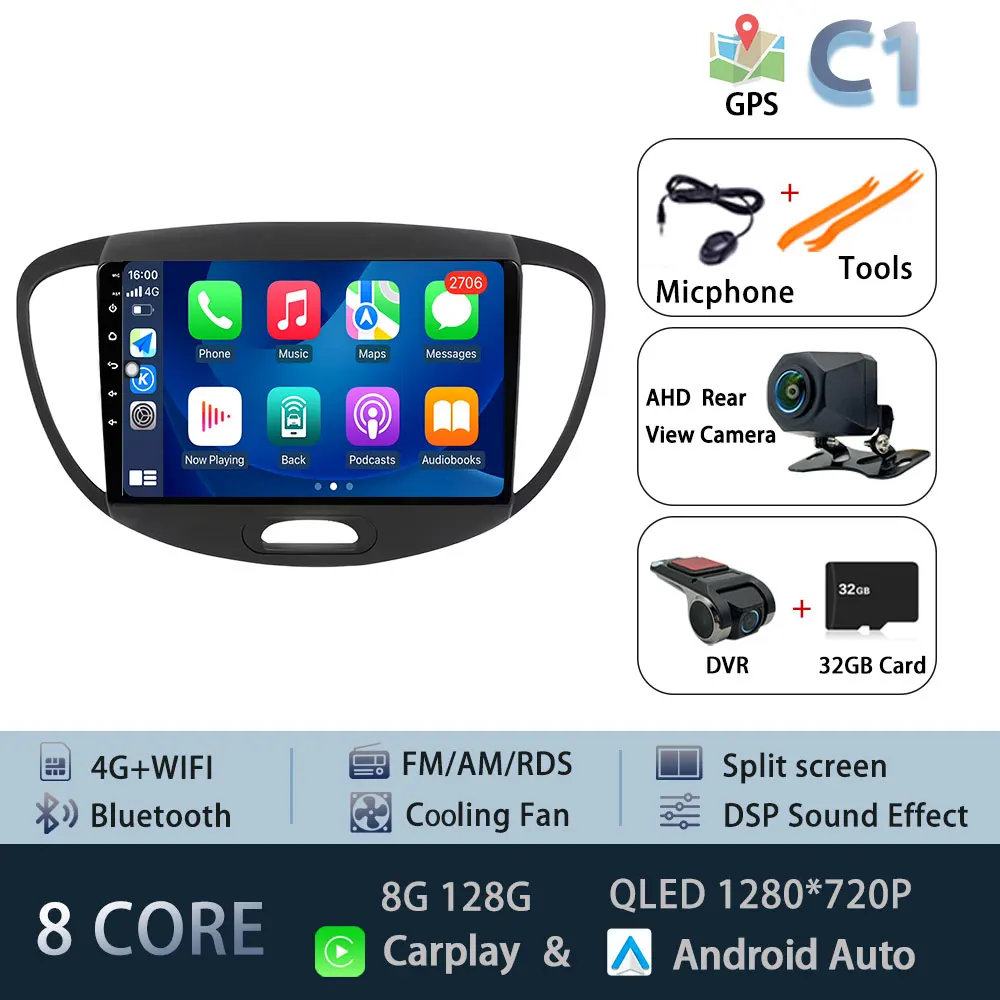 Android 15 Carplay Auto Radio Voor Hyundai I10 2007-2013 CarPlay Auto GPS Recorder Multimedia video Speler 4G + WiFi DSP