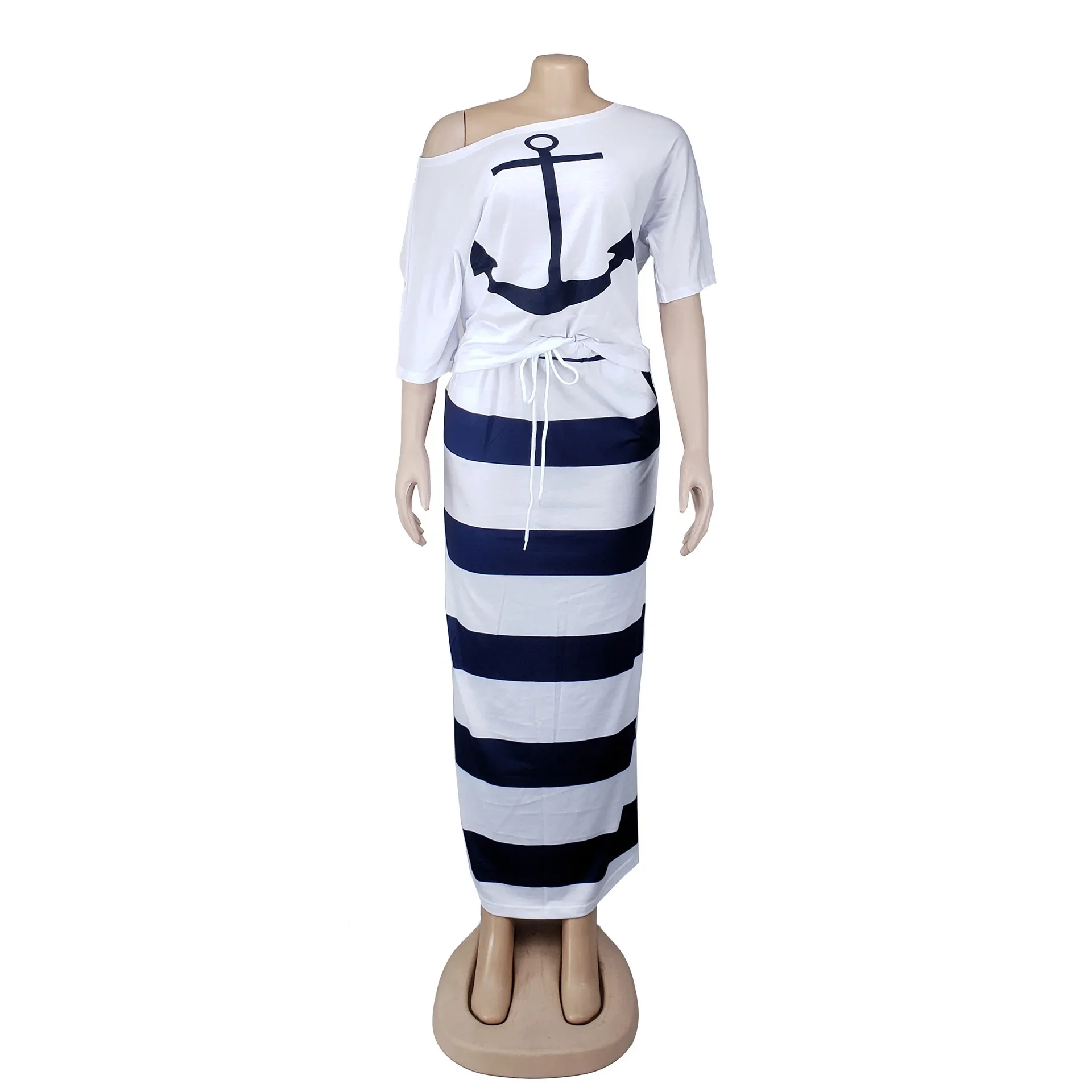 Boat Anchor Print Top T-Shirt & Striped Maxi Skirt Women Two Piece Outfits Fashion Off Shoulder Two Pieces Sets Tops and Skirts