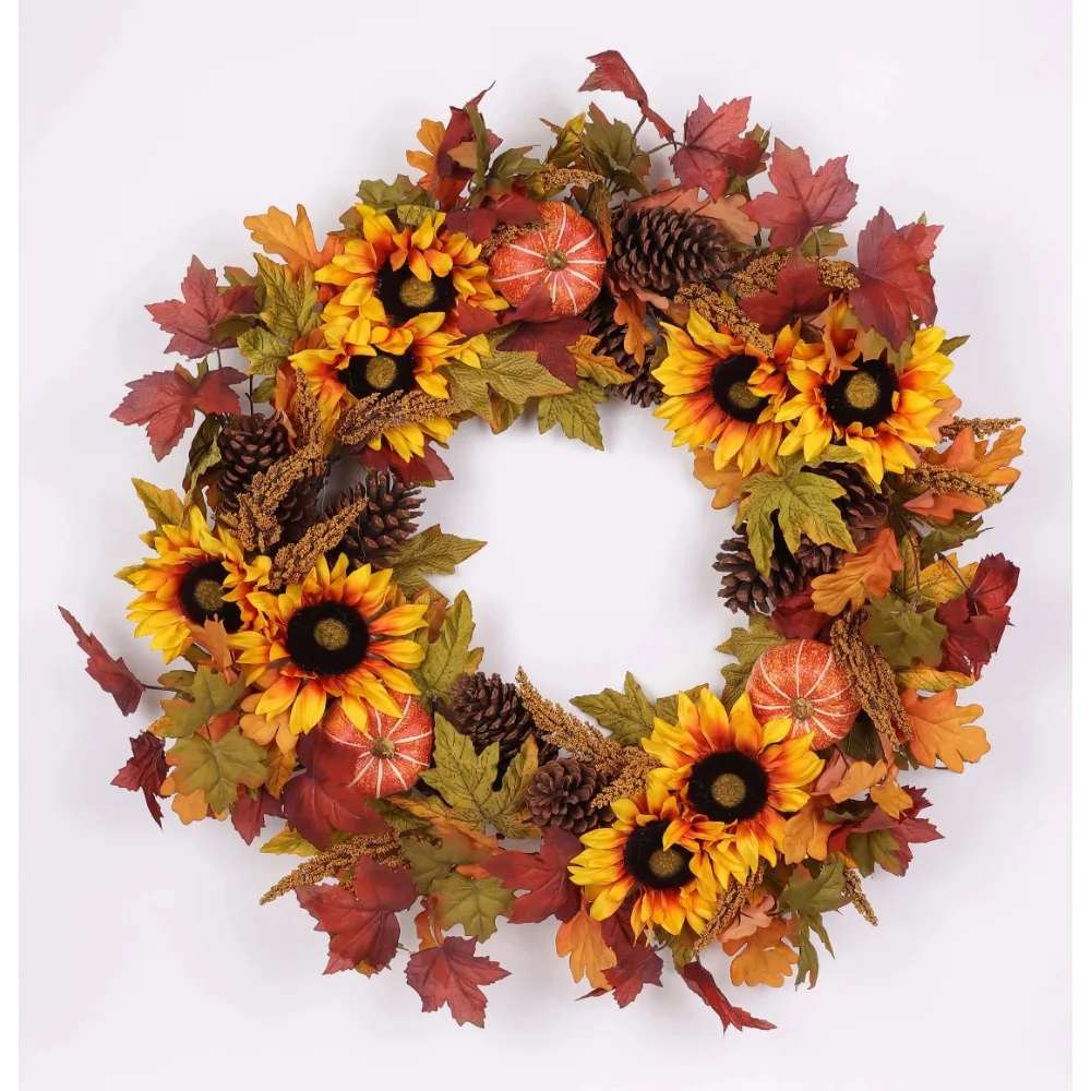 

Orange Sunflower and Maple Leaf Mix Confetti 30 Inch Pre-Lit Fall Wreath Decoration Halloween Decorations Free Shipping Birthday