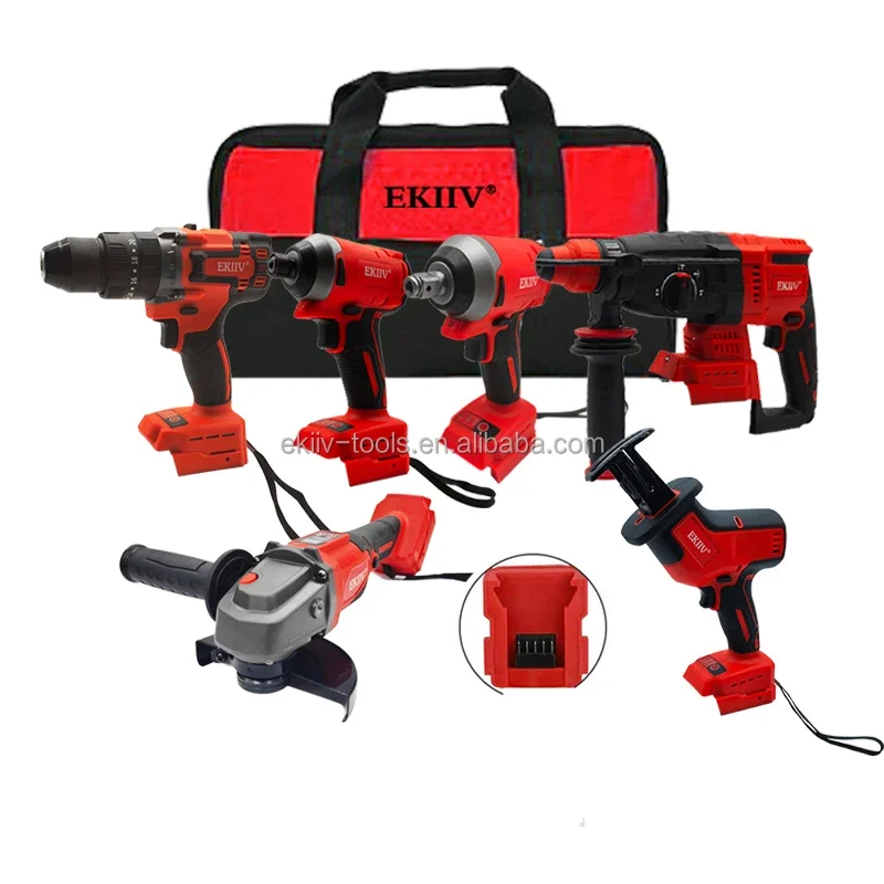 Popular 6- Piece Power Tools Set Combo Cordless Impact Wrench Angle Grinder Hammer Drill Set Electric Tool Kit