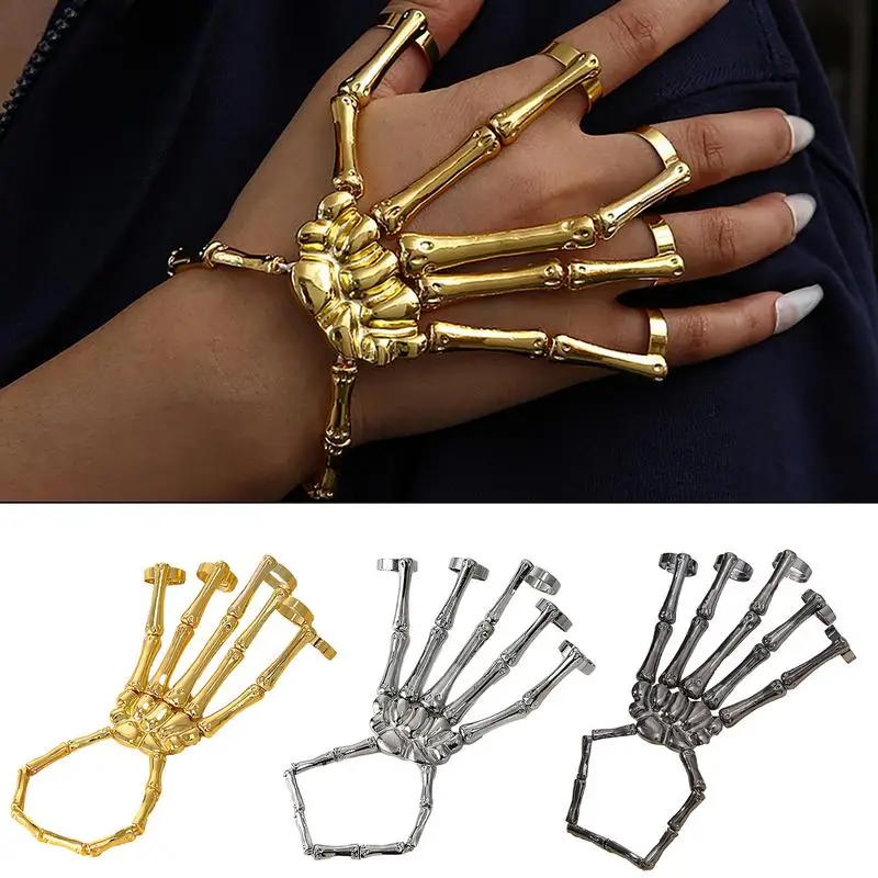 Fashion Women Men Gothic Punk Skull Ghost Skeleton Finger Bracelet Hand Chain Bangles For Halloween Femme Party Accessories