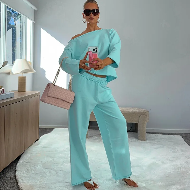 JENYAGE Damen 2-teiliges Set, schulterfreies Langarm-Sweatshirt, weich und gemütlich, Jogginghose mit elastischem Bund, lockere Passform, lässiges Loungewear-Set – Detail 3