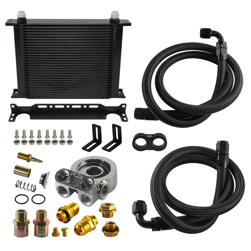 Performance 30 Row Oil Cooler Kit Universal Thermostatic 70 Degree with Mount Bracket & 10AN Fuel Hoses