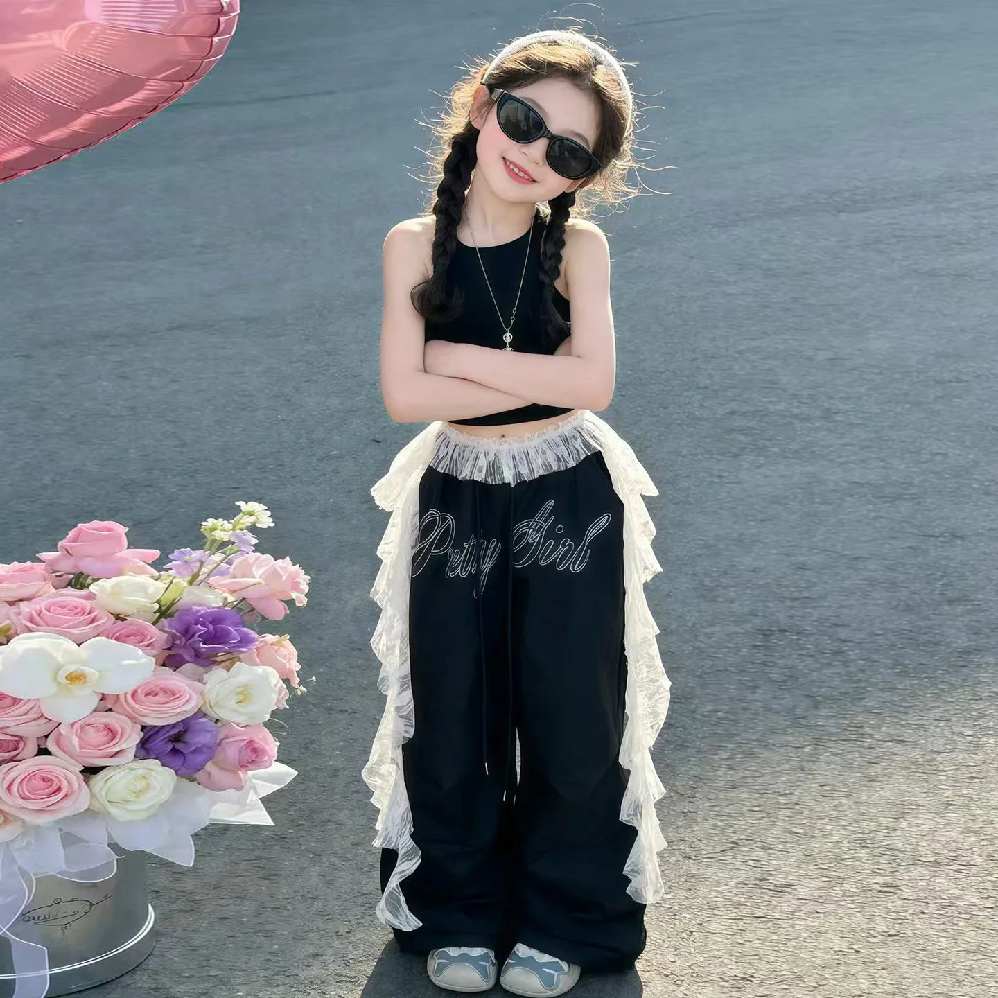 

2026 New Kids Girls Clothes Summer Black Set Sleeveless Crop Top & Lace Ruffle Wide-leg Pants Y2K Children's Pretty Girl Outfit