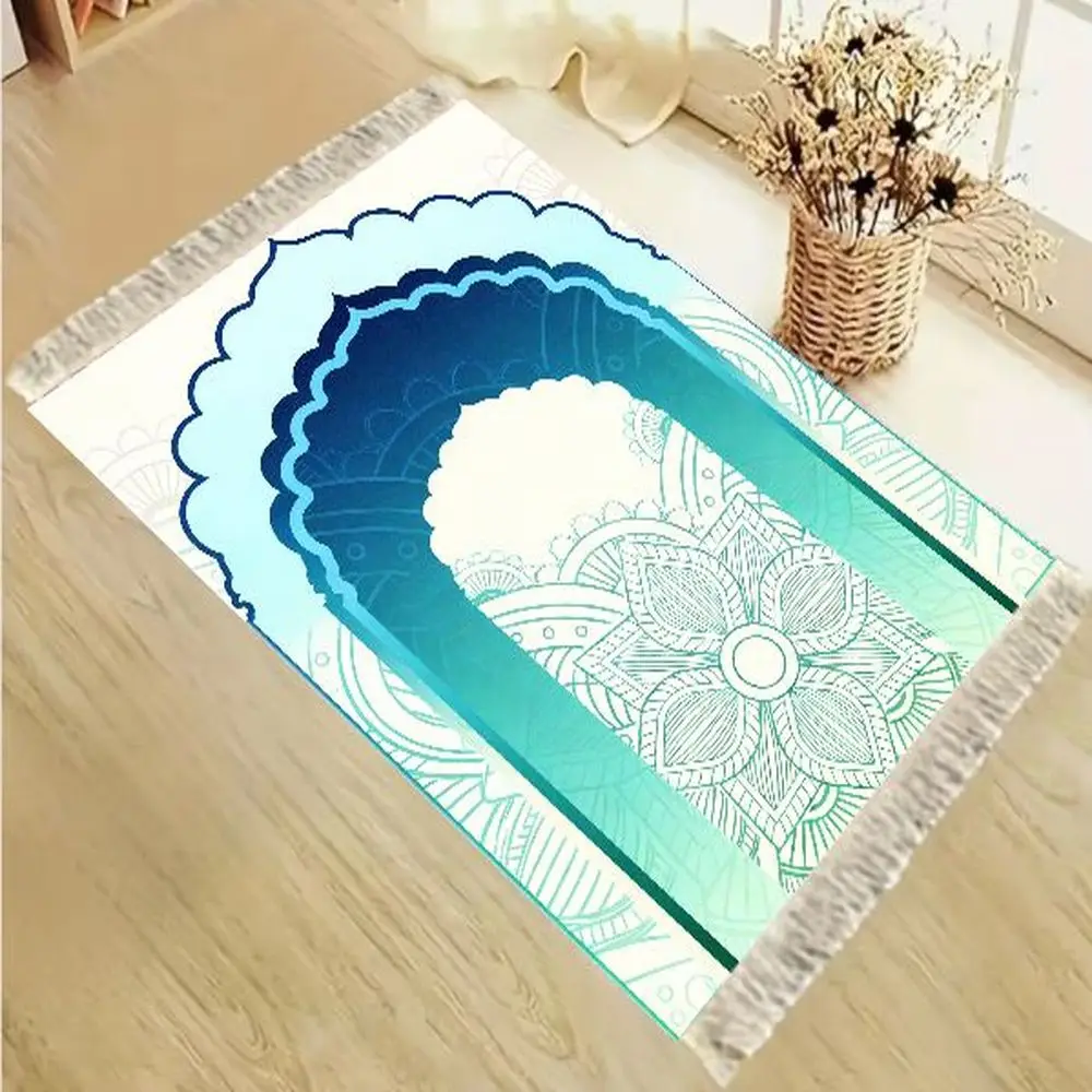 VIKAMA Ombre Blue Prayer Rug Lightweight Muslim Mat with Tassels for Daily Use