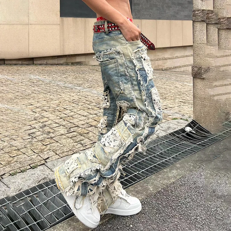 PFNW Y2K Embroidered Design Jeans Men's Patchwork Rough Edge Street Wear Hip Hop New Niche Straight Leg Pants Fashoin 28W5196