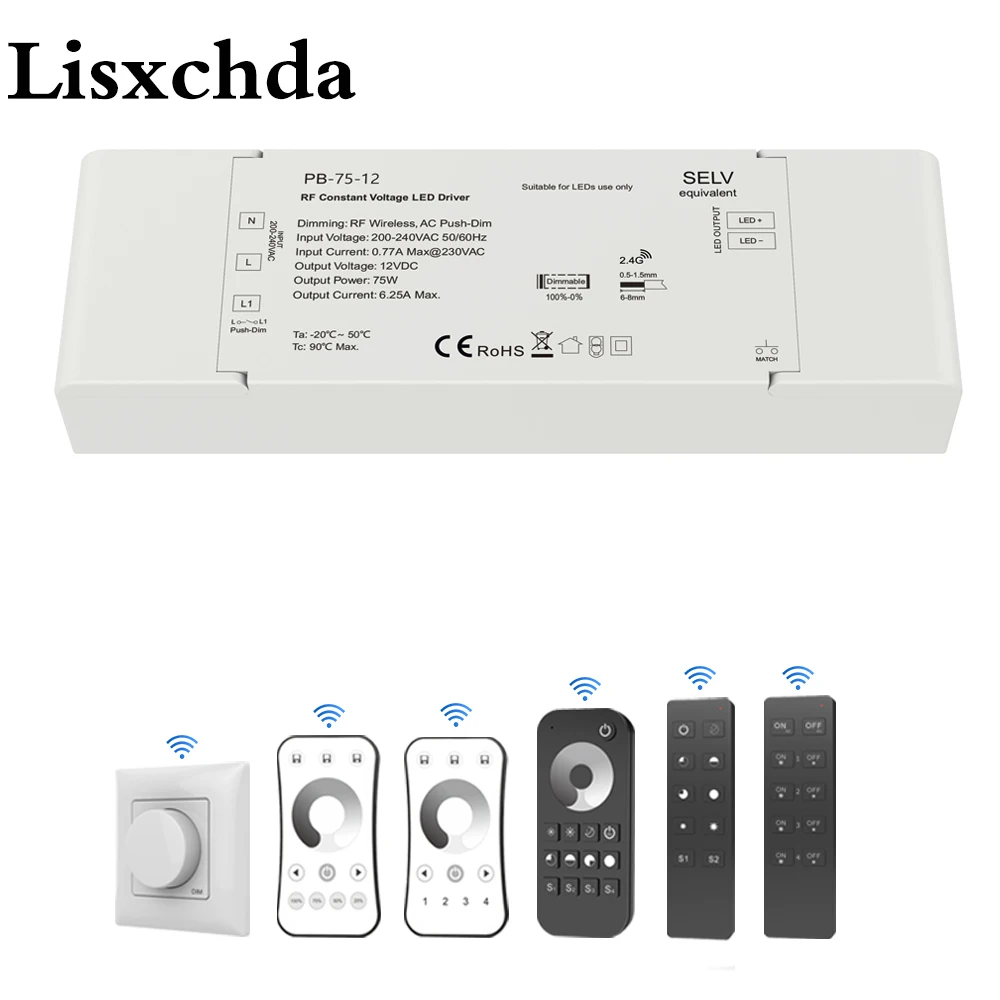 조광 가능한 LED 드라이버, 무선 2.4G RF 리모컨 푸시 조광기, 정전압 조명, 12 볼트 LED 조광 드라이버, DC 12 V, 24V, 75W