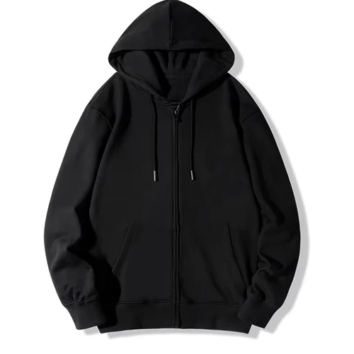 Imagen 2 del producto Sudadera con capucha negra con cremallera, sudadera informal unisex estilo callejero, Top básico con capucha de color sólido para trajes que combinan con todo""