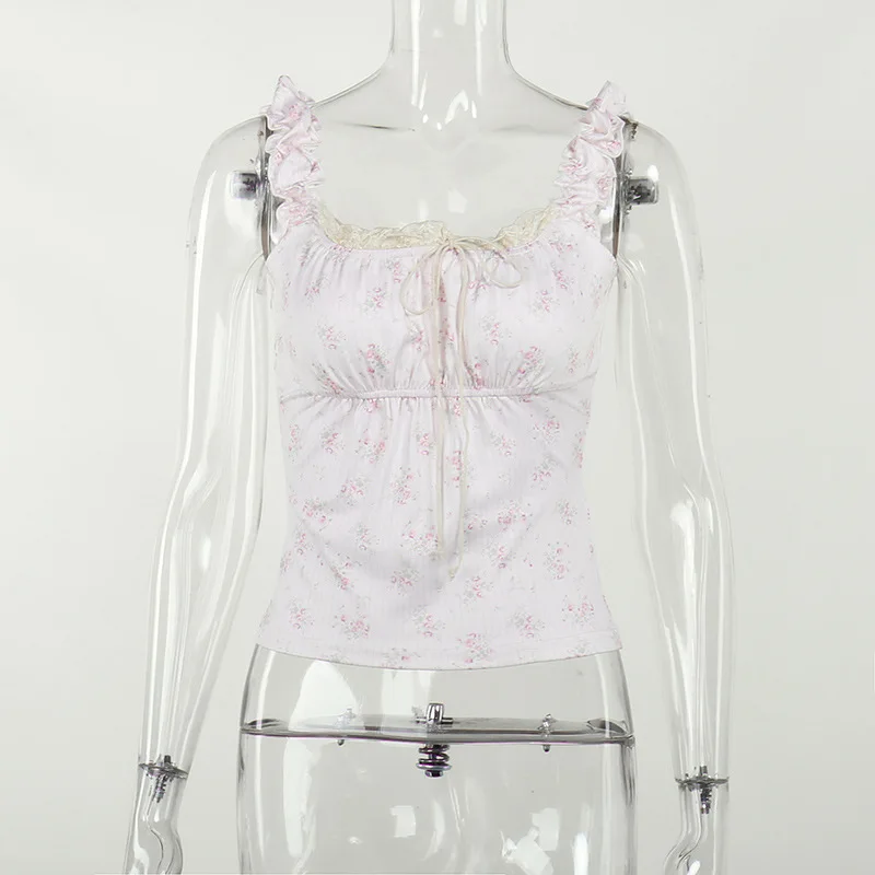 Pequena flor impressão vintage fairycore camiseta feminina rosa y2k estética magro ajuste básico doce kawaii retro 2000s casual colheita topos