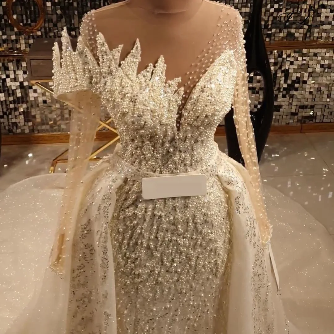 Exquisite Pearls Wedding Dress With Detachable Stiff Tulle Train Long Sleeves Bead Sequin Embroidery Bridal Gown Customizable
