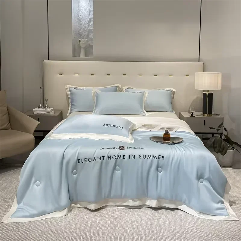 Luxury European Style Ice Silk Summer Quilt Set High-end Embroidered Cooling Blanket 4/3/1 Pcs Sets  Air Conditioning Comforter