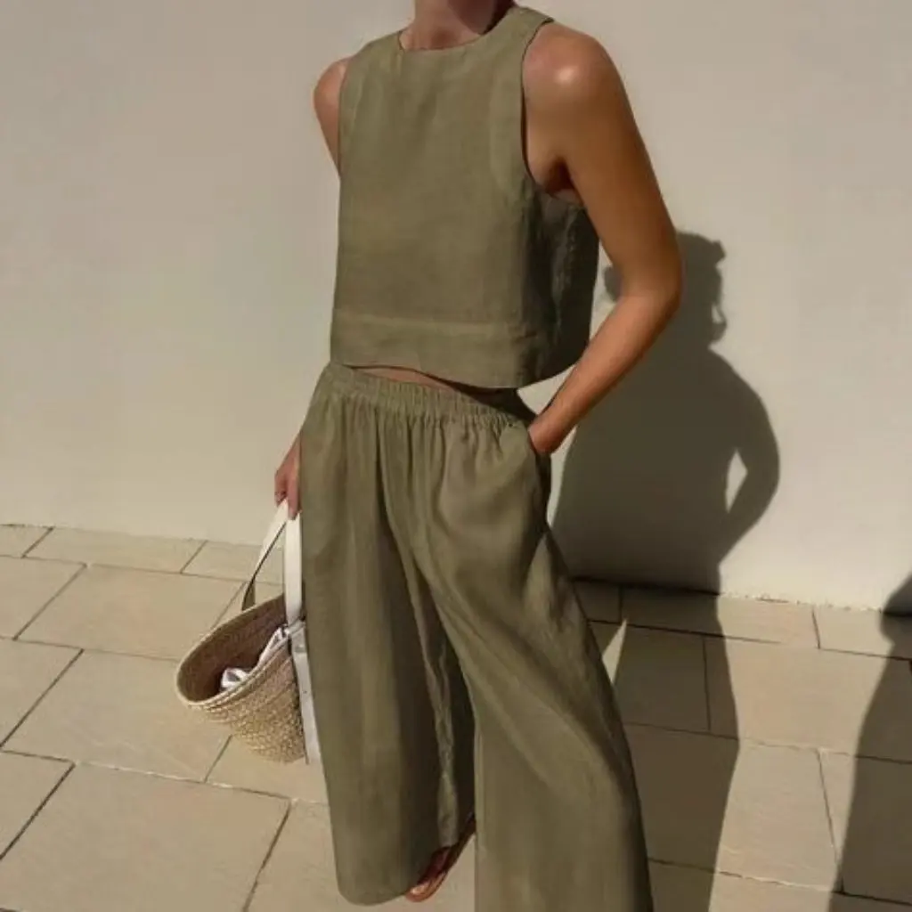 

Летний хлопково-льняной костюм без рукавов, жилет и широкие брюки, независимая станция в европейском и американском стиле