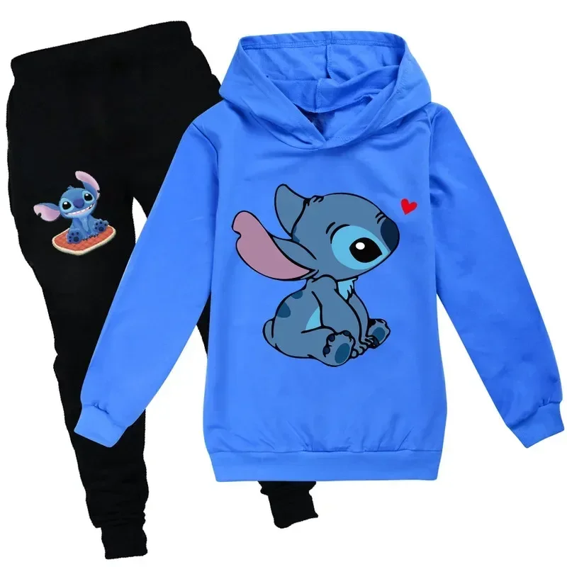 2024 New Stitch Disney Children's Clothing Print Pattern Boys And Girls Hoodie Long Sleeved Pullover Casual Trousers 2-piece Set