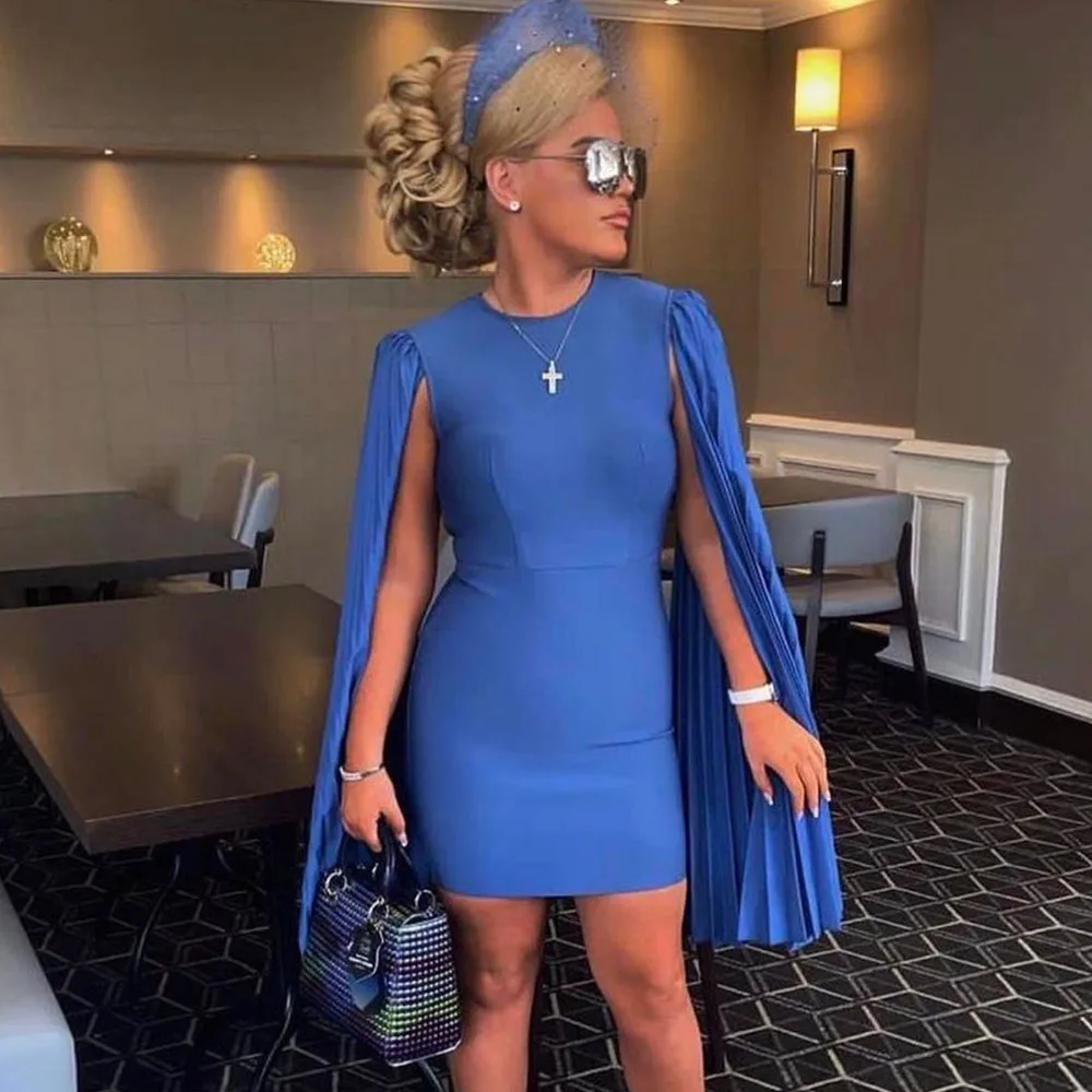 

Mini Short Royal Blue Cocktail Dress Sheath Cocktail Gown for Women Cloak Sleeves Holiday Party Gown