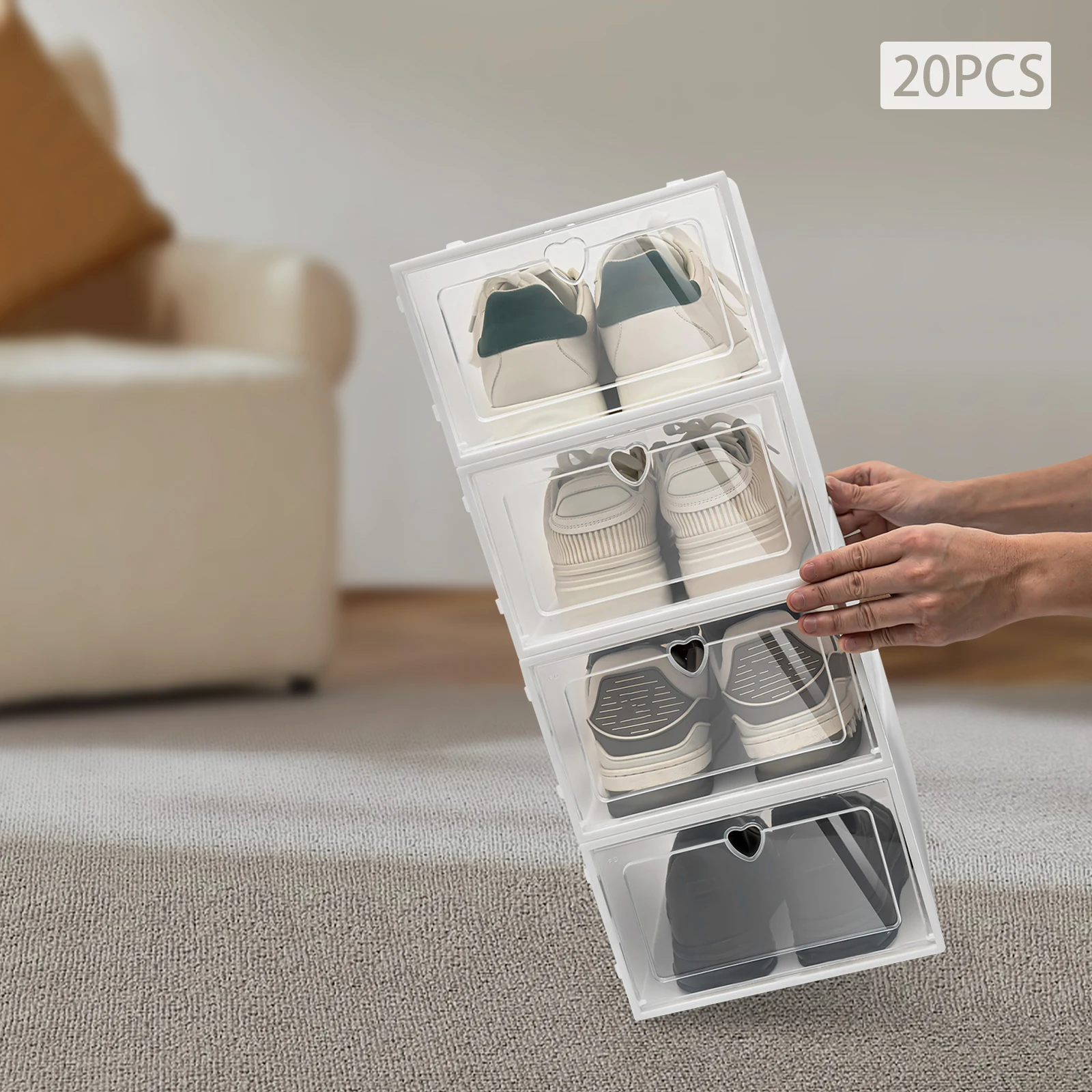 20 Stück stapelbare Schuhkartons mit Deckel, transparente hochklappbare Tür, Herzgriff, Schrank-Organizer, Aufbewahrung für Schuhe