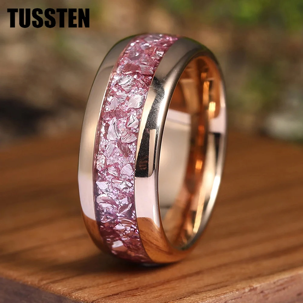 TUSSTEN 4/6/8MM Men's and Women's Wedding Tungsten Ring Inlaid Pink Morganite Comfortable Fit