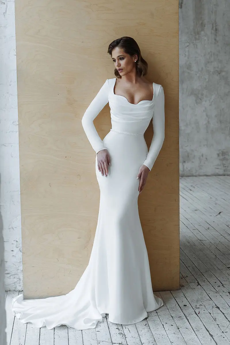 

Sexy Wedding Dress Sweetheart Long Sleeve Sweep Train Charming Customize To Measures Robe de Mariee Spandex Simple Bridal Gowns