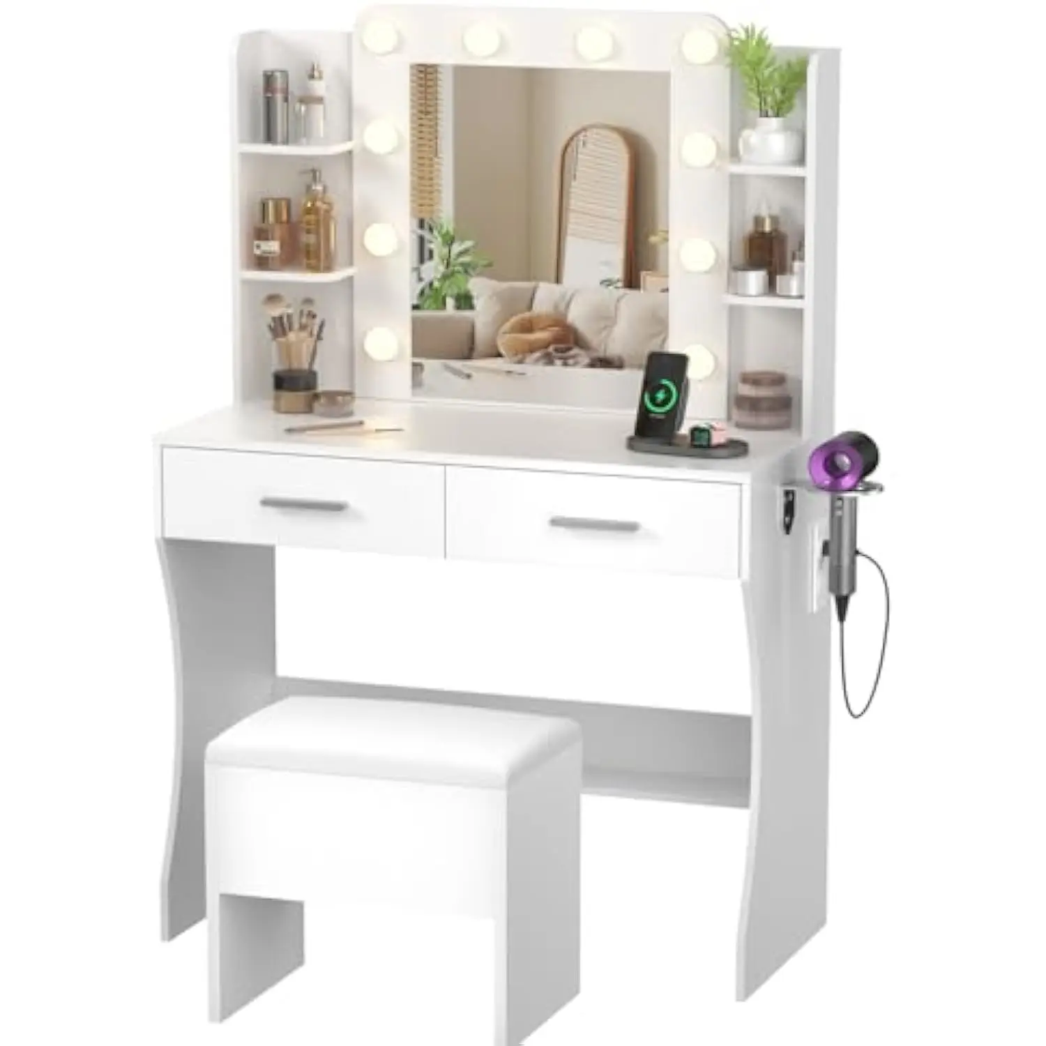 

Small Vanity Desk with Mirror and Lights, Makeup Table with 2 Metal Sliding Drawers, 3 Lights Modes, Charger Station, Storage S