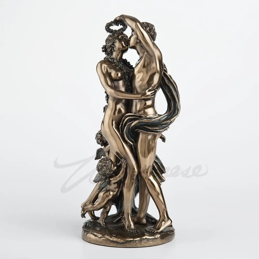 Ancient Greek Myth Lovers Couple Kiss Statue Bronze Finish Eros Psyche Cupid Angel Sculpture Vintage European Home Desktop Decor