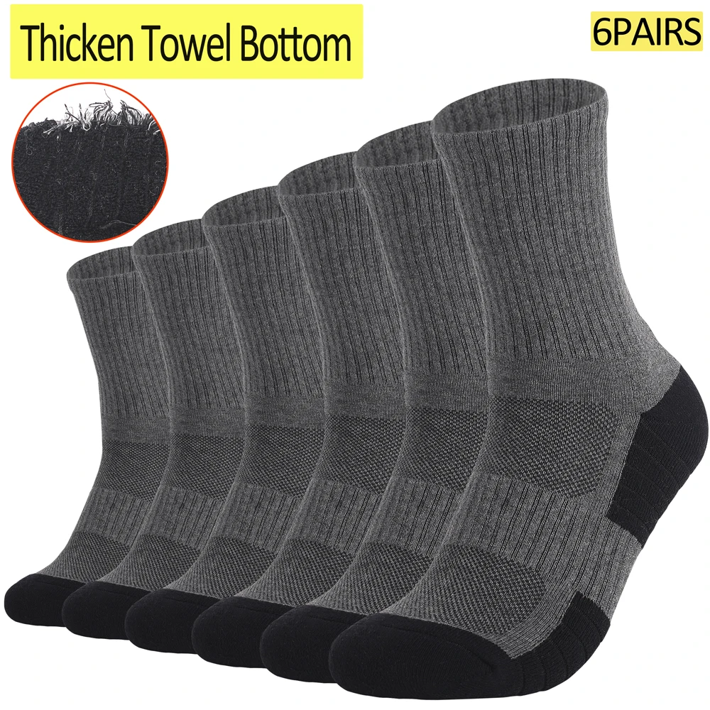 

6 Pairs Winter Outdoor Sports Socks Cotton Mid-Crew Thermal Cushion Sole Seamless Toe & Non-Slip, Perfect for Hiking/Skiing