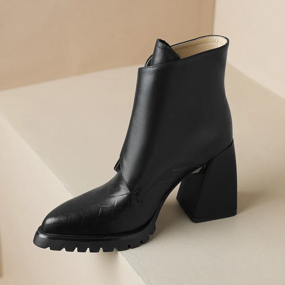 MILI-MIYA Fashion Pointed Toe Thick Heels Solid Color Women Full Genuine Leather Ankle Boots Hook Loop Handmade For Ladies