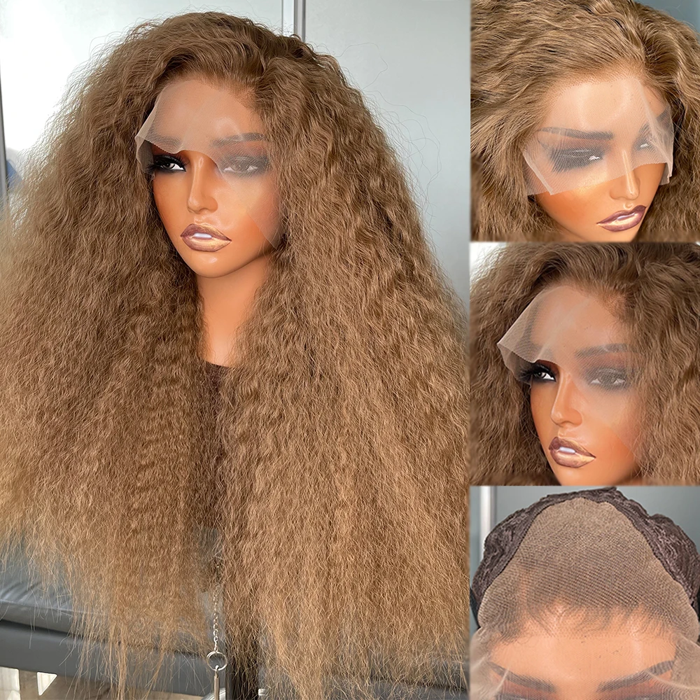 

Long 10# Copper Brown Kinky Straight Wig 13x4 Pre Plucked Hairline Future Synthetic Lace Front Wigs for Black Women