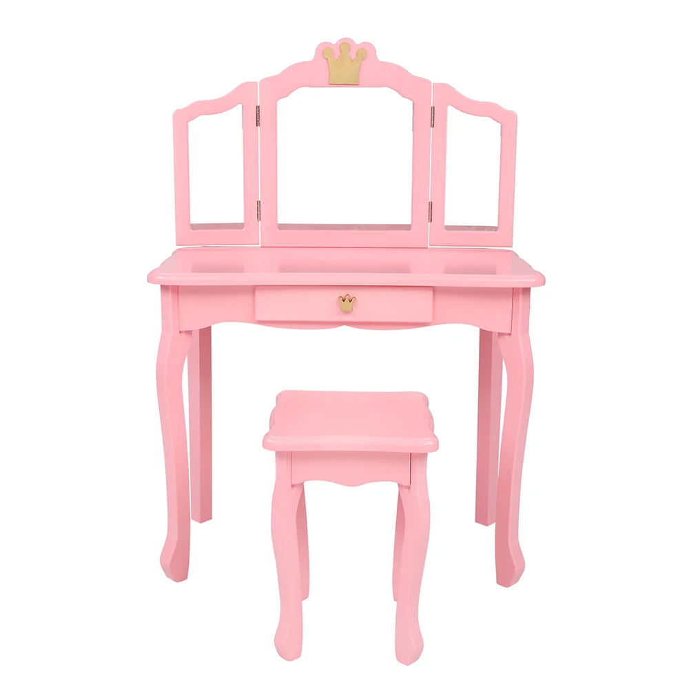 Children's Wooden Dressing Table Three-Sided Folding Mirror Dressing Table Chair Single Drawer Pink Crown Style