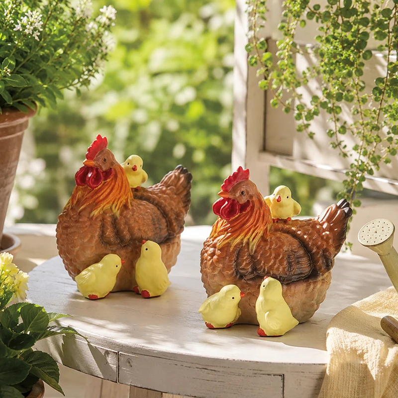Country Style Resin Hen Chicks Family Figurine Set Farm Animal Statue for Cottage Garden Balcony Stone Table Decor Accent view 5
