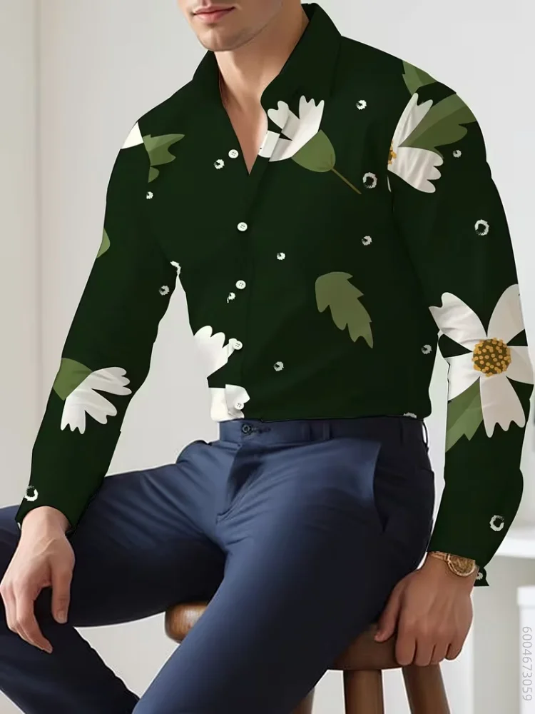 Men Long Sleeve Shirt Fresh Daisy Floral Print Turn Down Collar Button Up Autumn Winter Daily Casual Tops Men's Clothing