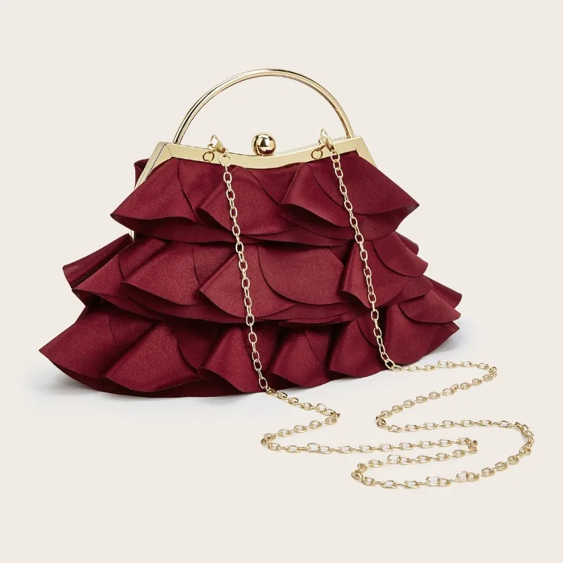 

2026 New Wine Red Rose Petal Evening Party Bag Women's Chain Handbag Bridal Dress Bag Pleated Cloud Bag Day Clutch Sacs À Main