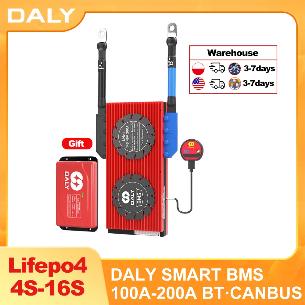 DALY Smart BMS 4S 16S 4S 8S 16s 48V 12V 24V 18650 LiFePo4 Battery 100A 150A 200A CANBUS 1A Smart Active Balance Ship to EU US