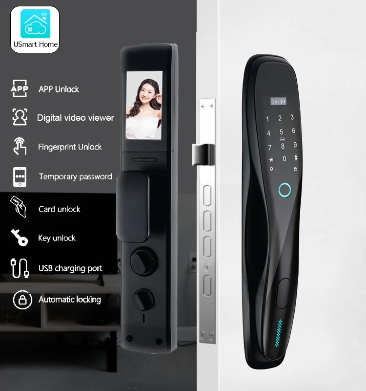 3d face recognition fingerprint keyless RFID card smart door lock with camera for wood door