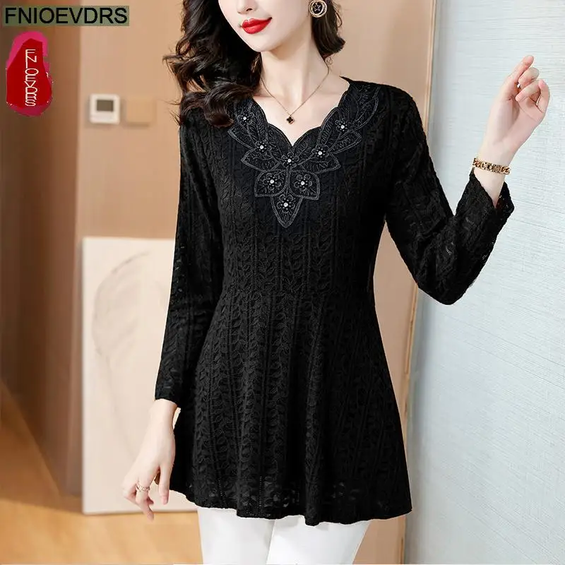 M-4XL Loose Clothes 2024 Women Winter Basic Wear Ruffles Shirts Drawstring Wasit Retro Vintage Flower Lace Tops Blouses