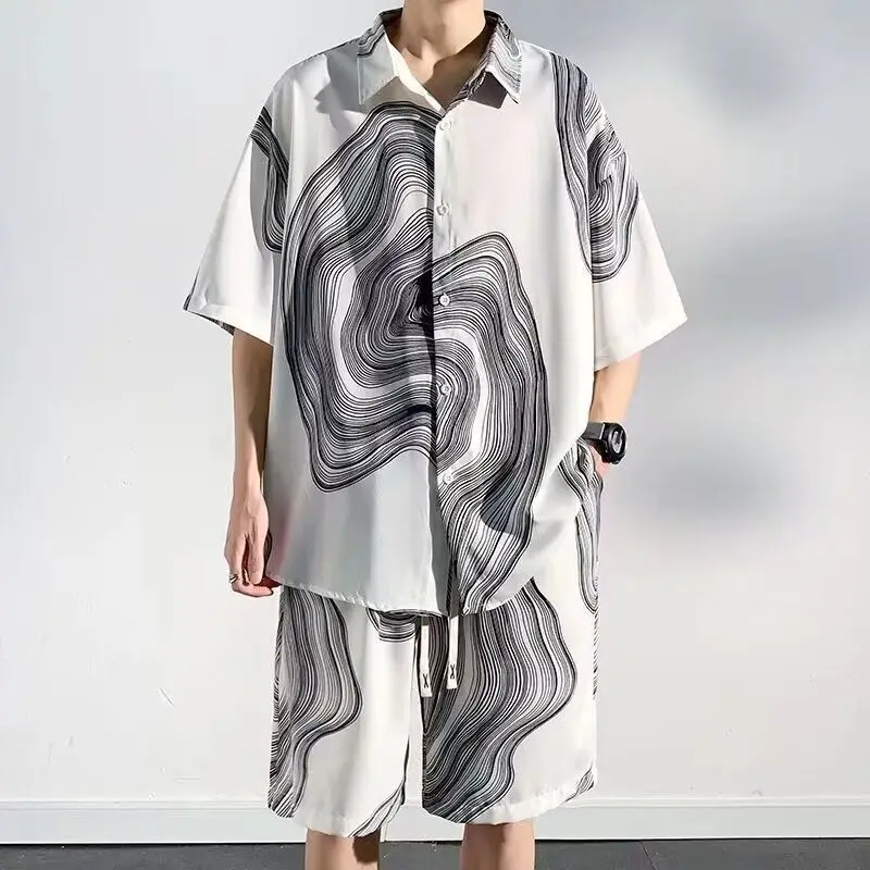 Fashion Casual Men's Shirt, Ice Silk Suit Summer, Breathable Tie-Dye Printed Premium Short Sleeve Shirt and Shorts