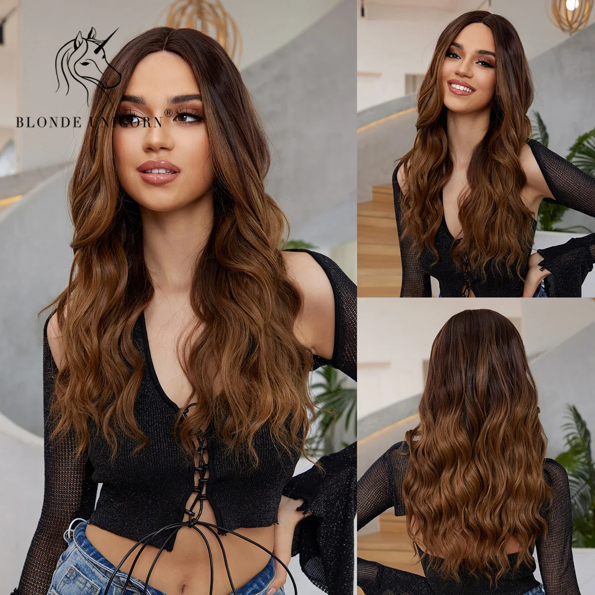 

Blonde Unicorn Lace Front Ombre Dark Brown Wave Wig Hair Synthetic Wigs for Black White Women Daily Party Cosplay Heat Resistant