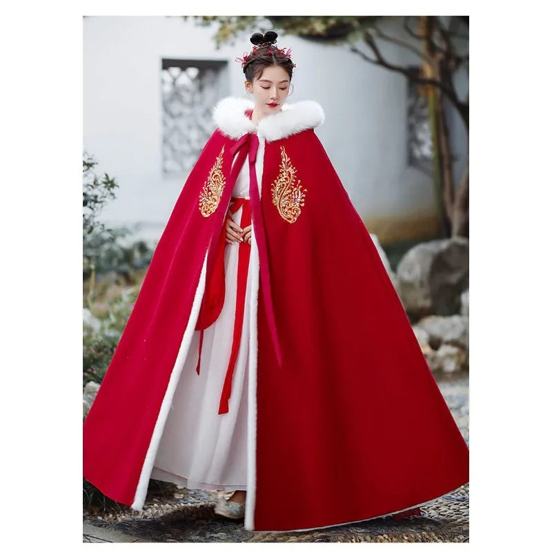 

Cape with Fur Collar and Thickened Fleece Ancient-style A Long Warm Winter Jacket for Women Bright Red Cape with Cotton Added