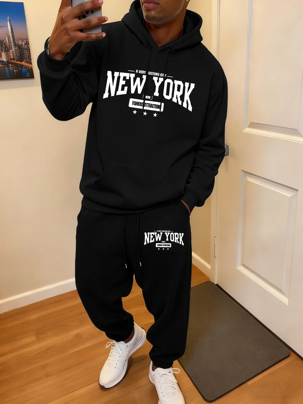 2 قطعة مجموعة هوديس الرجال مدينة نيويورك الصاخبة يطبع Sweatpants الخريف الصوف الدافئة جيب الركض وتتسابق ملابس فضفاضة غير رسمية