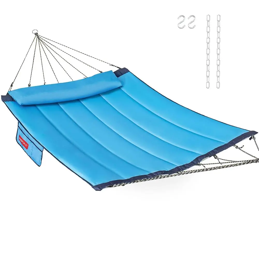 

12 Ft Quilted Fabric Hammo With Curved Aluminium Spreader Bar, Outside Double Hammo With Soft Pillow, Side Pocket 450 Lbs Acity